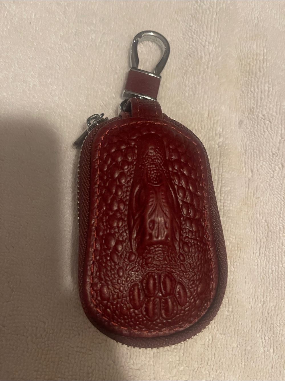Embossed Red Leather Key Case with Silver Hardware